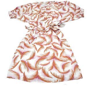 Anthropologie Women Multicolor Feather Nicole Puff Sleeve Dress Tie Waist Size S